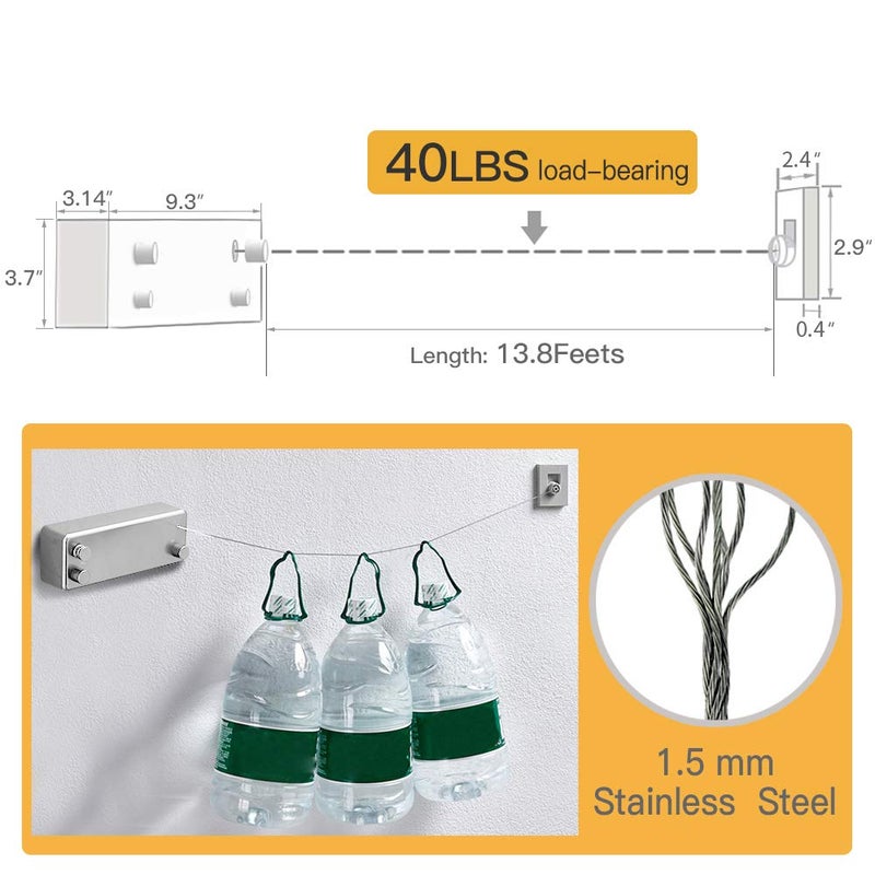 BESy Retractable Clothesline ABS case+Aluminum Dryer with Adjustable Stainless Steel Double Rope String Hotel Style Heavy Duty,Wall Mounted Method, 13.8 Feets,Silver - Image 5